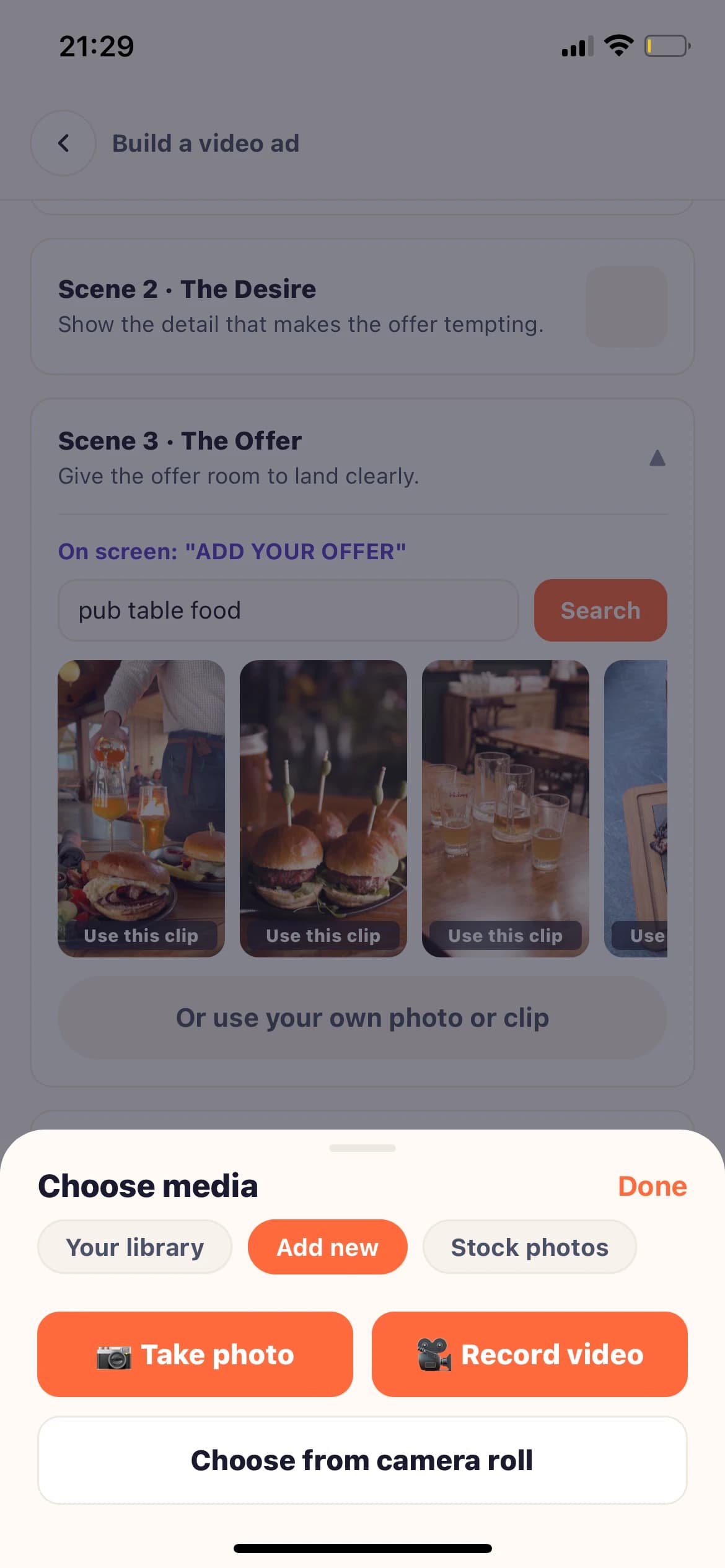 Pip's live media picker for taking a photo, recording video or choosing venue media