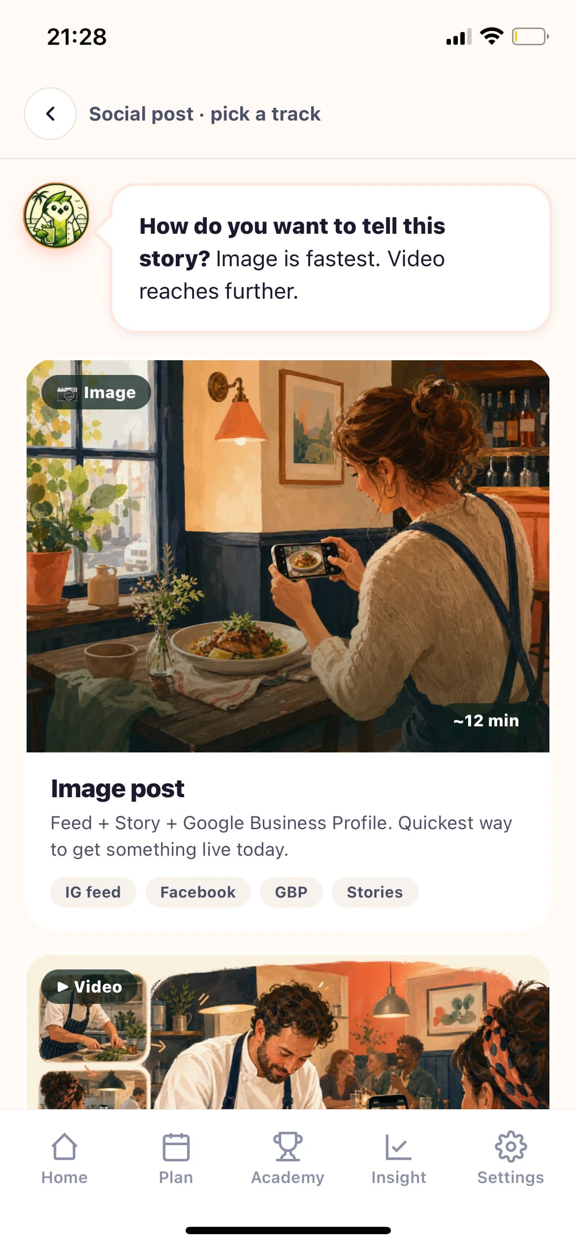 Pip helping a venue choose between an image post and a video post