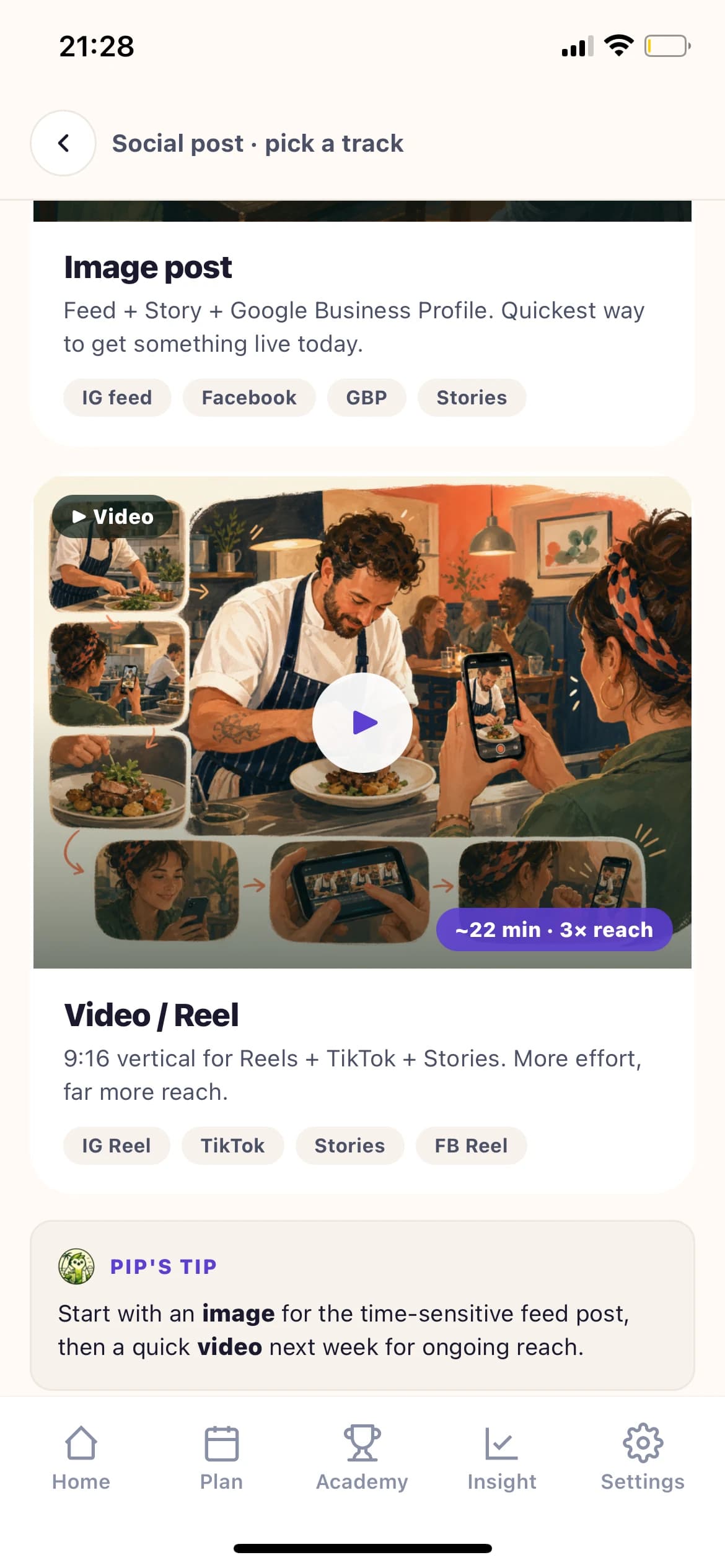 Pip explaining the extra reach available from a video or Reel