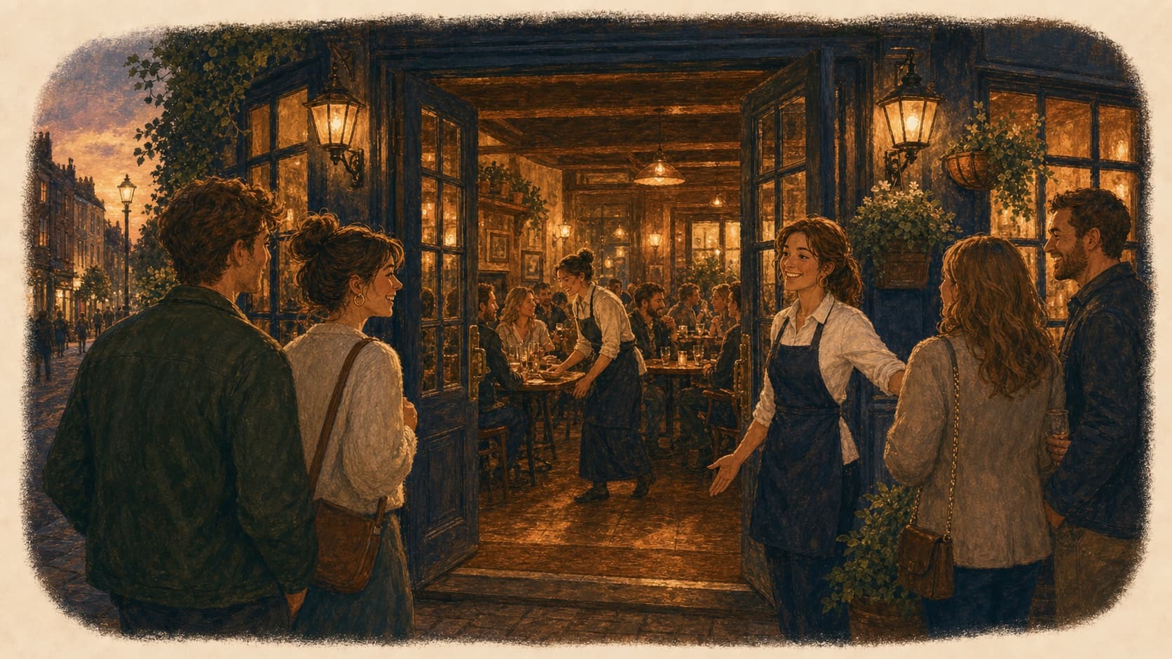 A local venue welcoming guests for a busy evening