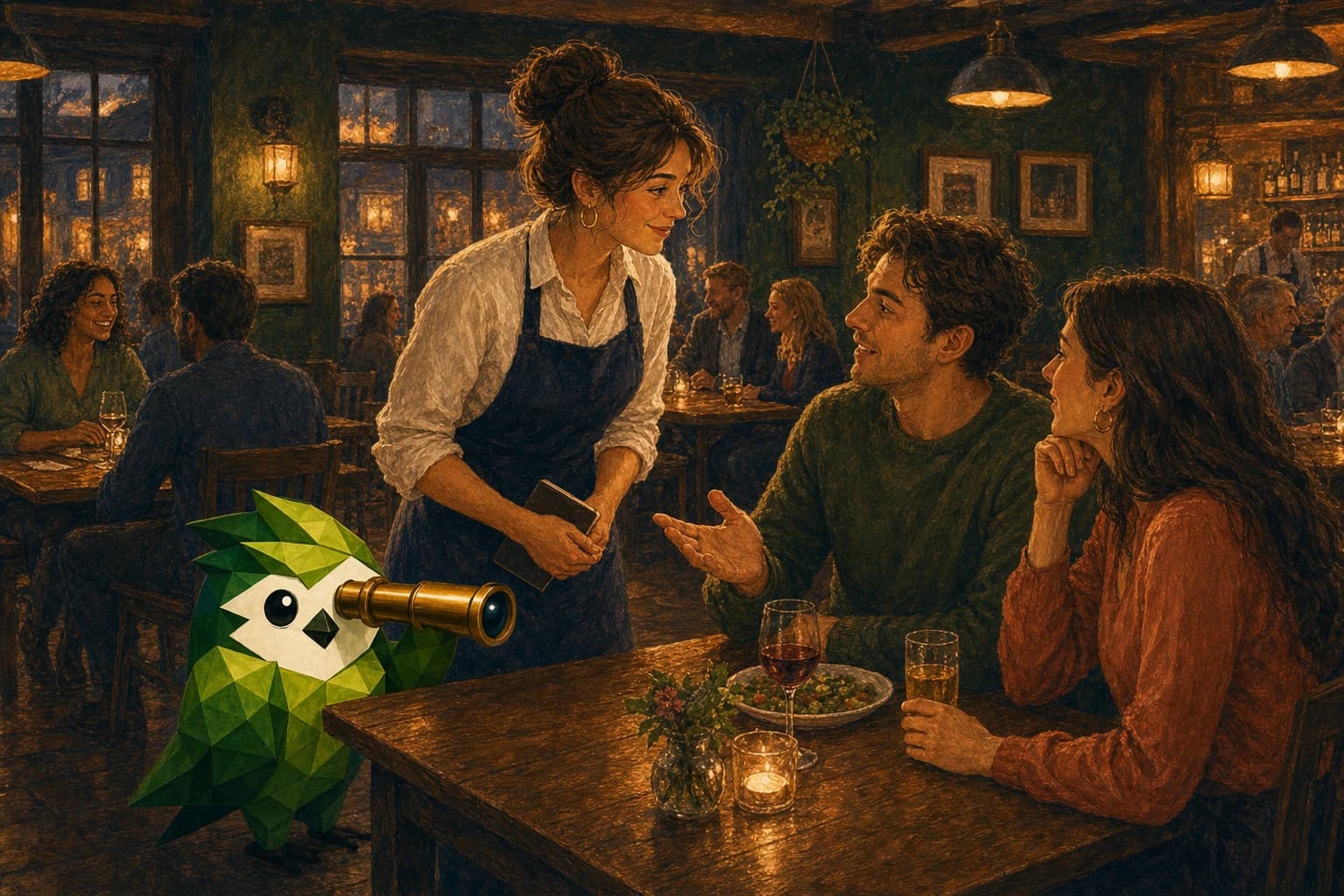 A waitress listening carefully as guests share feedback, with Pip helping nearby