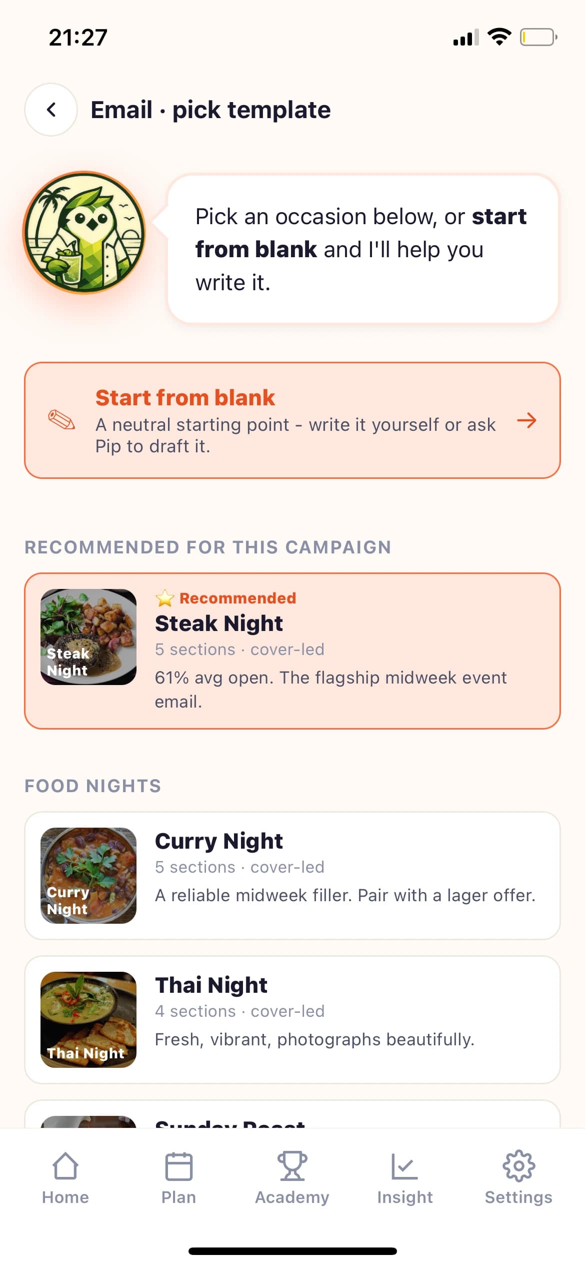Pip recommending the right email template for a Steak Night campaign