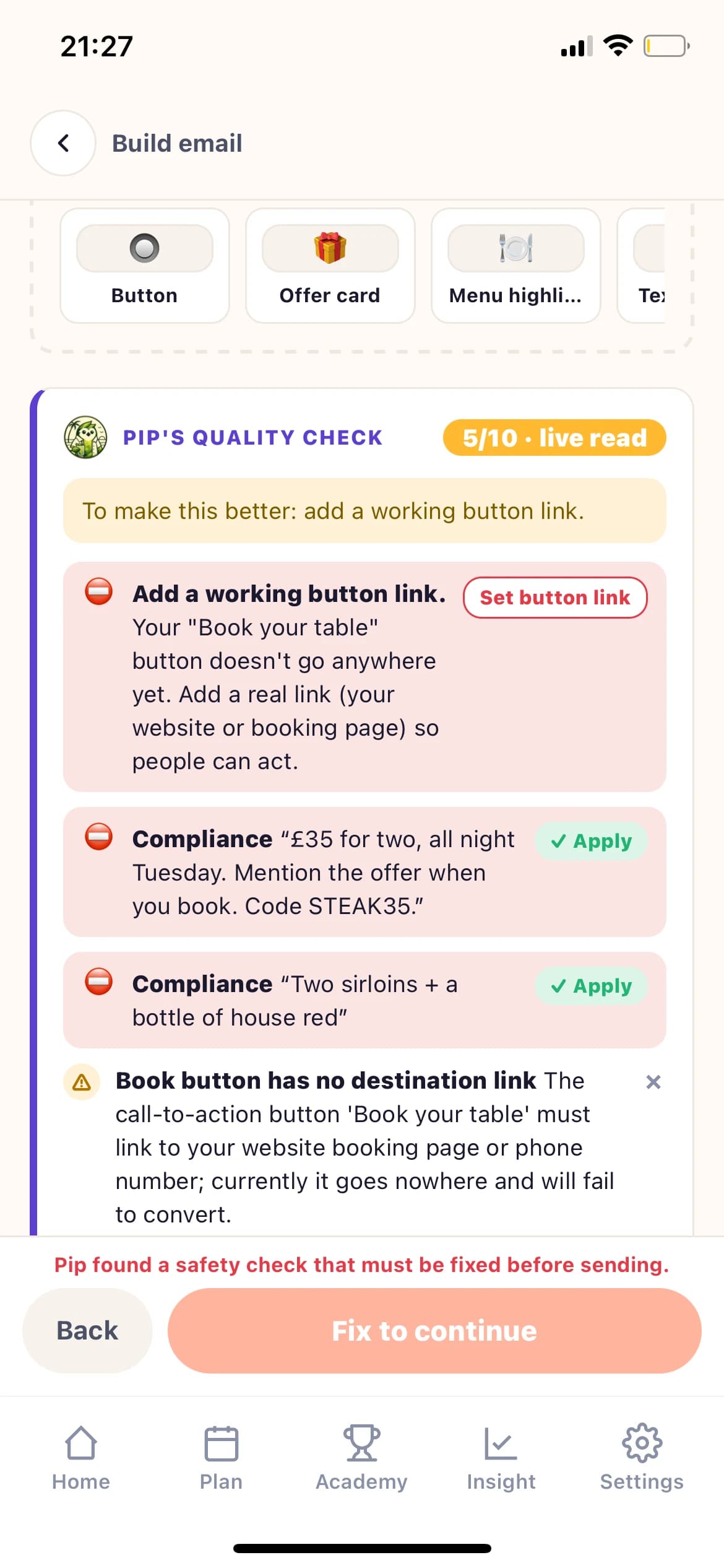 Pip's live quality check stopping an email with a missing booking link