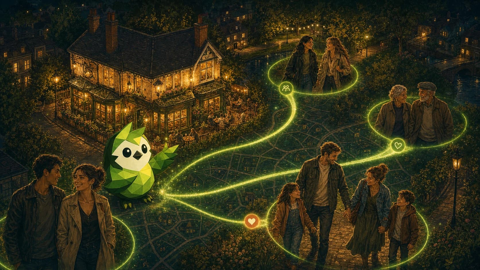 Pip connecting a local pub with new nearby couples, families and friends